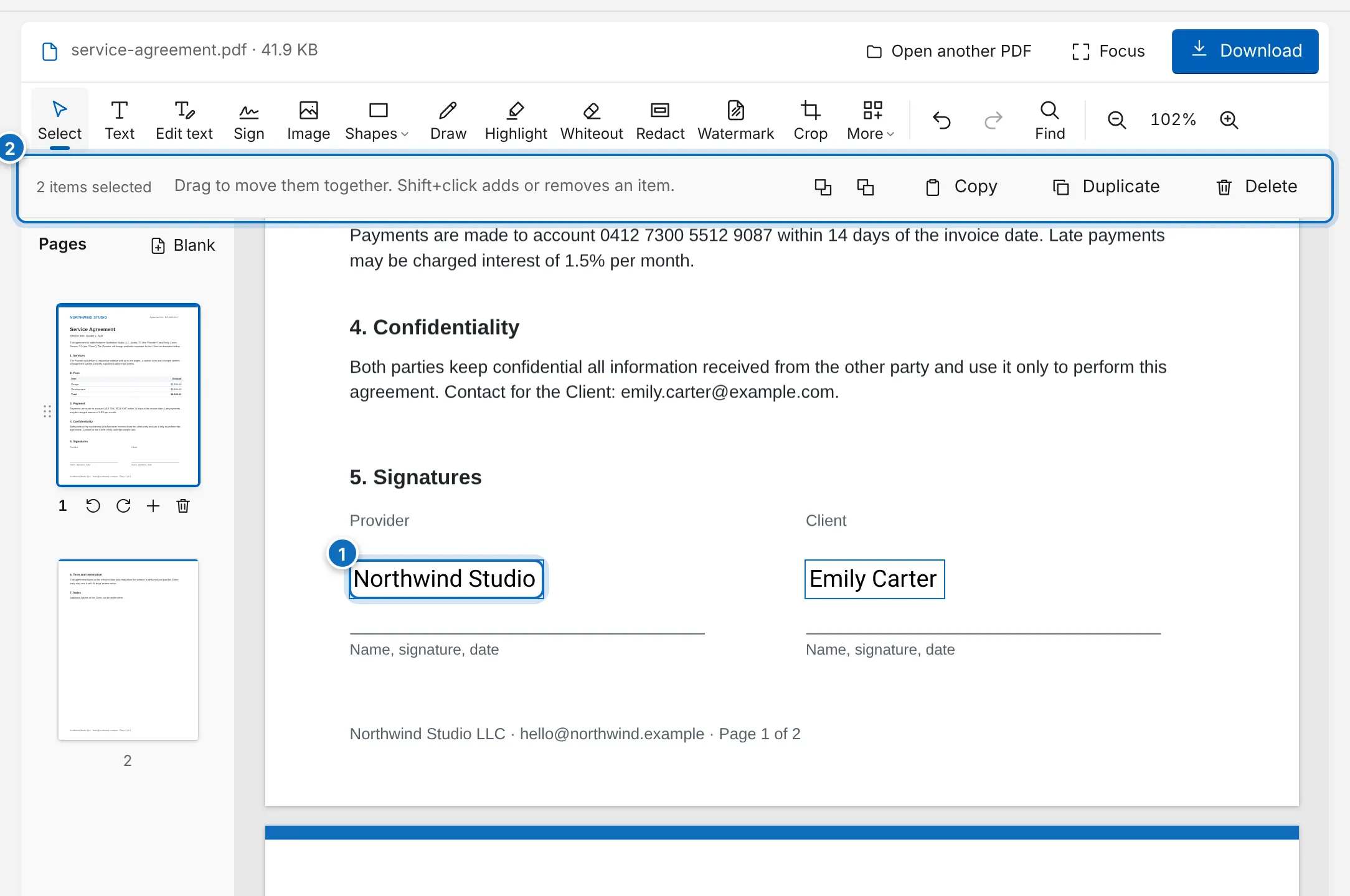 Two text items selected together with a selection box; the bar shows copy, duplicate, layer and delete actions